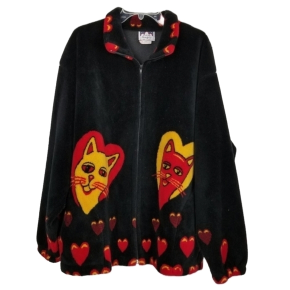 Vintage Polar Magic Fleece Jacket Black Novelty Y2K Canada Cats Hearts Size XL - Picture 1 of 11